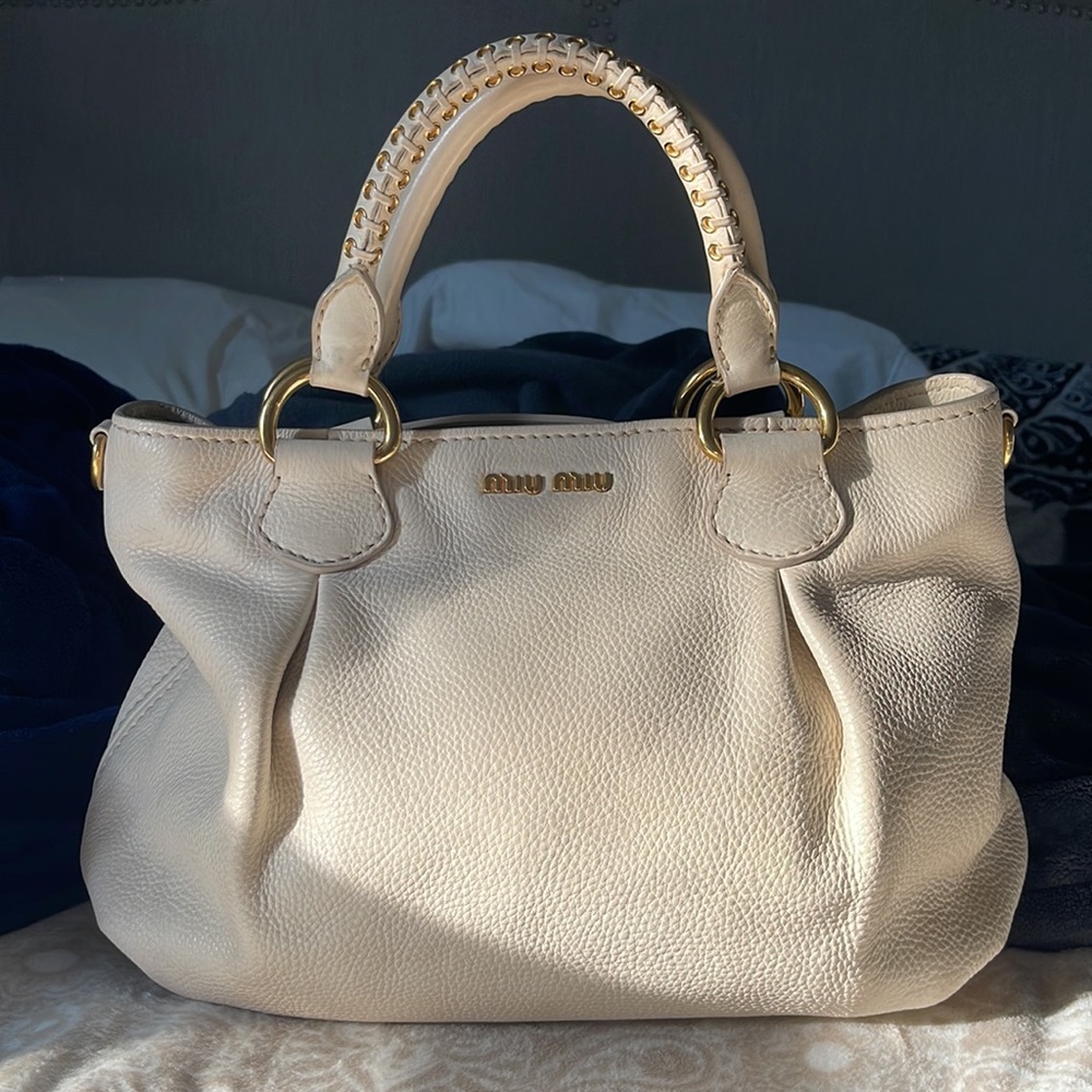 Auth MIU MIU beige Leather Hand Tote Bag Purse